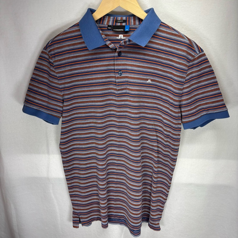 J Lindeberg Slim Fit Striped Polo Shirt‎ Men L Blue Orange Brown Golf Casual